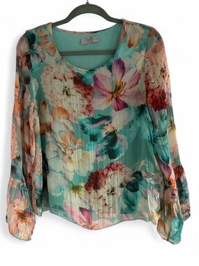 Angela Moda Italy Silk Floral Bell Sleeve Blouse Top Sz S/P 🌸✨